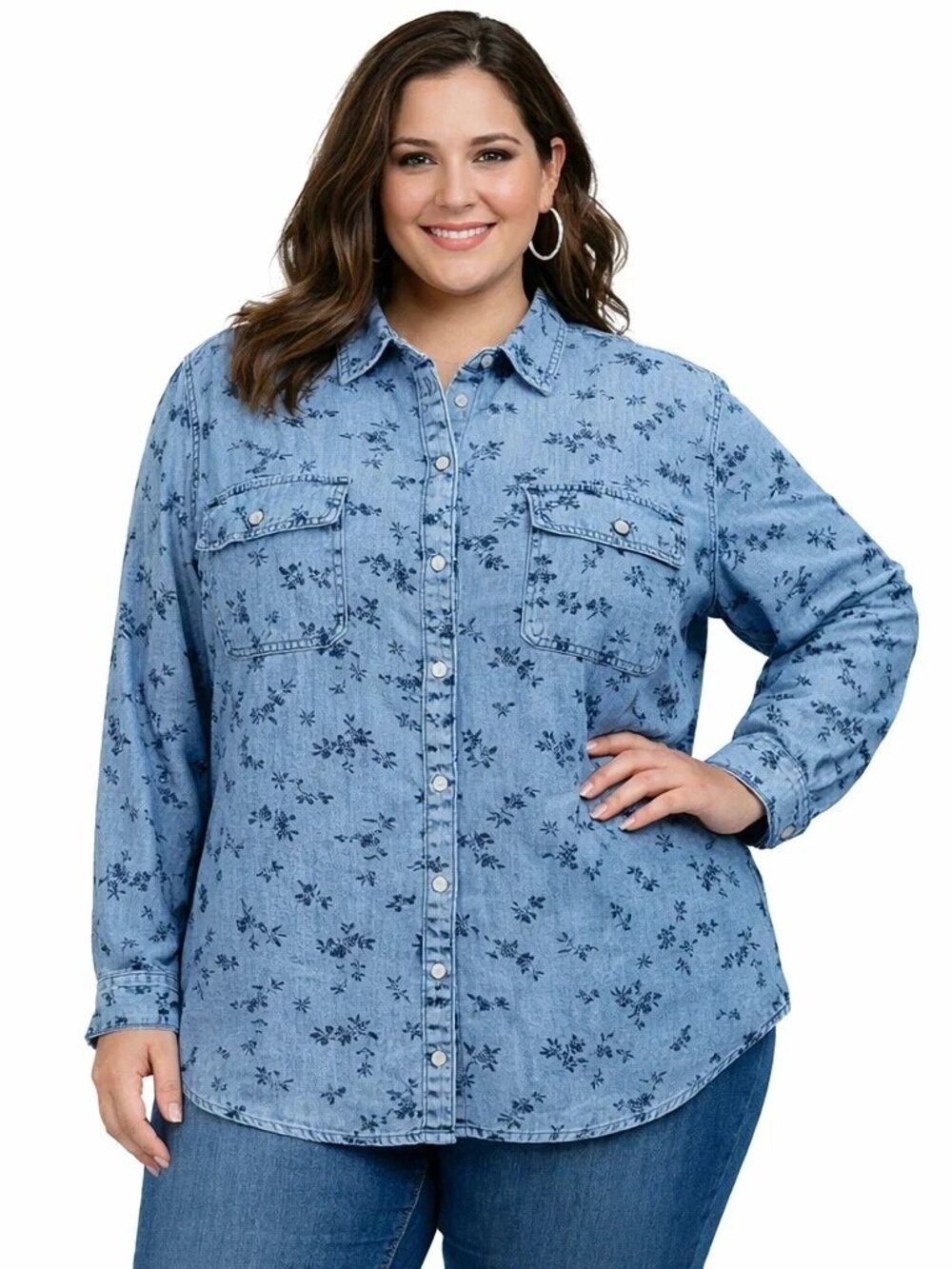 Croft & Barrow Button Up Shirt Women’s XXL • Floral Print • Faded Denim Blue